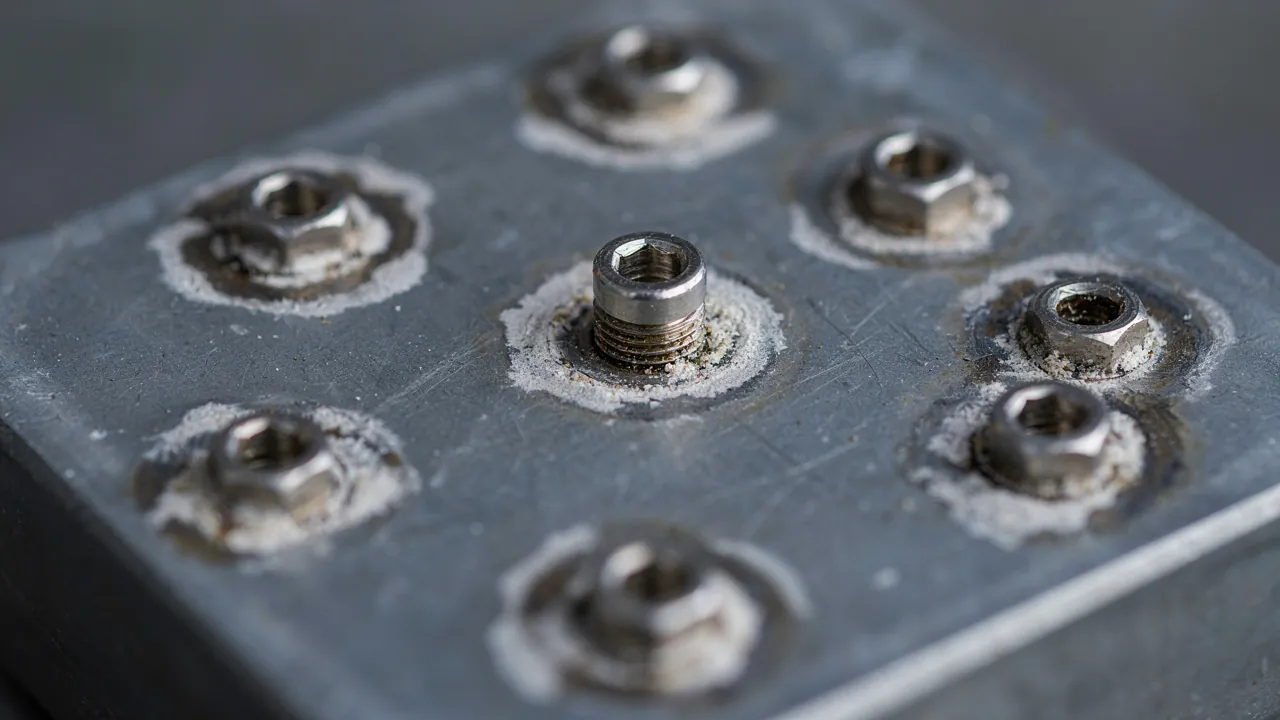 Corrosion galvanique sur une platine de mât en aluminium : oxyde blanc autour de chaque vis inox restée intacte