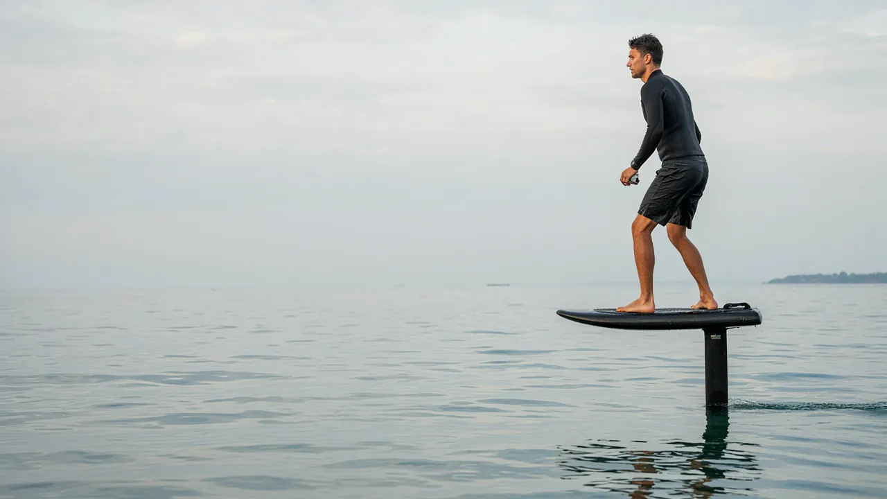 Rider en vol sur un e-foil, la planche entièrement sortie de l’eau et le mât visible sur toute sa hauteur