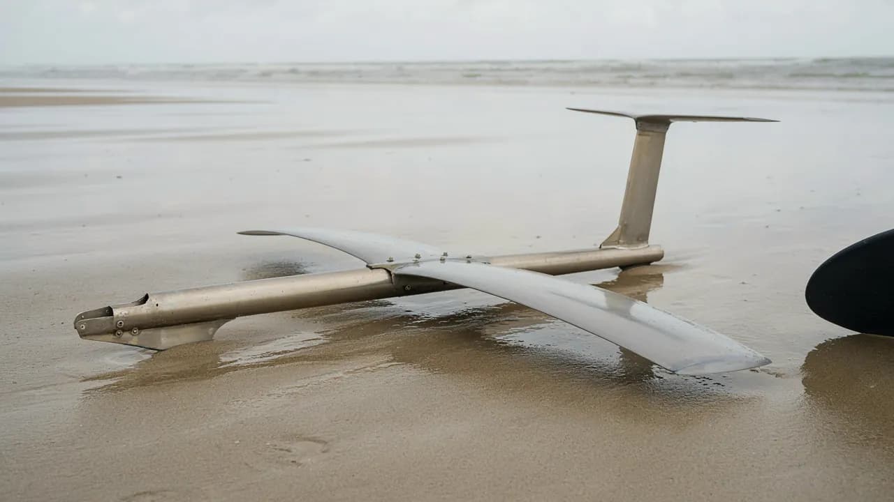 Foil de surf non motorisé posé sur le sable : mât, fuselage, aile avant et stabilisateur, sans moteur ni batterie