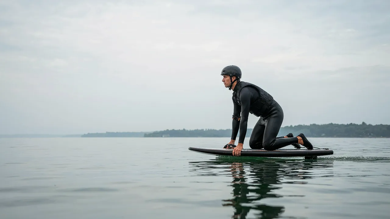 Débutant à genoux sur un e-foil, la planche encore posée sur l’eau