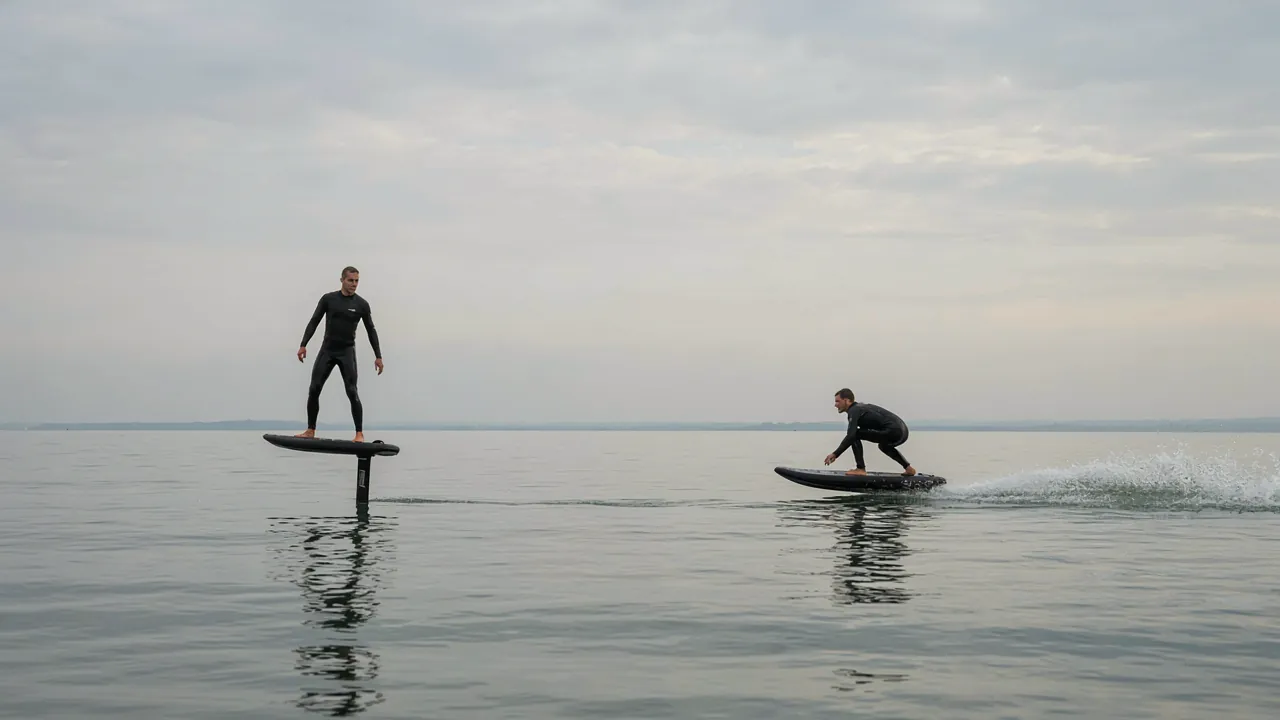Un e-foil en vol au-dessus de l’eau à gauche et un jetboard qui glisse en surface à droite, sur le même plan d’eau